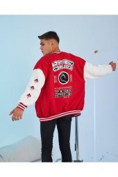 D Nakışlı Kırmızı Oversize Unisex Kolej Ceket - 2