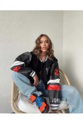 23 Siyah Deri Kol Oversize Unisex Kolej Ceket thumbnail 1