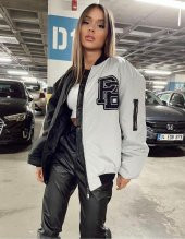PB Siyah Gri Çift Renk Unisex Oversize Bomber Ceket - 3