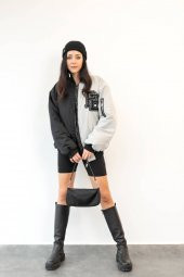PB Siyah Gri Çift Renk Unisex Oversize Bomber Ceket - 4