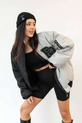 PB Siyah Gri Çift Renk Unisex Oversize Bomber Ceket - 6