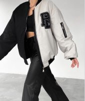 PB Siyah Gri Çift Renk Unisex Oversize Bomber Ceket - 1