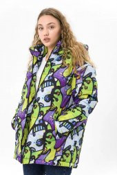 Farm Animals Retro Gate Dijital Art Puffer Mont Kadın - 2