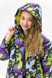 Farm Animals Retro Gate Dijital Art Puffer Mont Kadın - 5