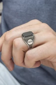 Siyah Oniks Taşlı Harfli Gümüş Erkek Yüzük - 4