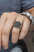 Siyah Oniks Taşlı Harfli Gümüş Erkek Yüzük - 5