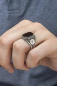 Siyah Oniks Taşlı Harfli Gümüş Erkek Yüzük - 8
