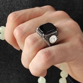 Siyah Oniks Taşlı Harfli Gümüş Erkek Yüzük - 11