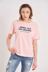 Kadın Pudra Yazı Baskılı T-shirt - 1
