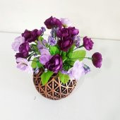 Mini Bronz Vazoda Mor Ve Lila Rengi Çiçekli Dekoratif Kır Çiçekli Yapay Çiçek - 3