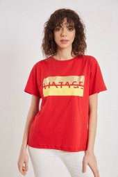 Kadın  Kırmızı Baskılı T-shirt - 1