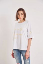 Kadın White Oversize Youre My Sun Yazı Baskılı T-shirt - 1