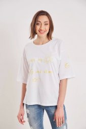 Kadın White Oversize Youre My Sun Yazı Baskılı T-shirt - 4