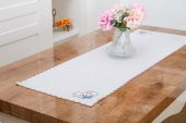 Finezza Dolce Nakışlı Keten Efekt Kumaş Kreme Mavi Runner 45x150 cm - 1406 - 2