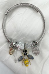 Siyah-Beyaz Taşlı Arı Charm Çelik Pandora Model Bileklik - 1