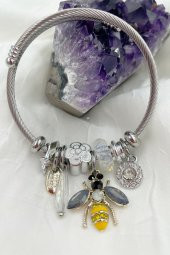 Siyah-Beyaz Taşlı Arı Charm Çelik Pandora Model Bileklik - 2