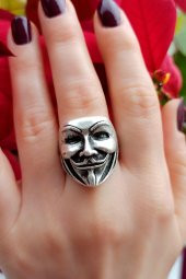 V For Vendetta Şekilli Erkek Yüzük Gümüş Kaplama Ayarlanabilir El Yapımı Erkek Yüzük - 1