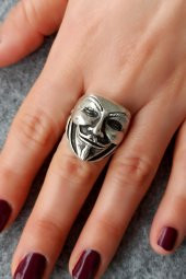 V For Vendetta Şekilli Erkek Yüzük Gümüş Kaplama Ayarlanabilir El Yapımı Erkek Yüzük - 3
