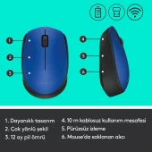 Logitech USB Alıcılı Kablosuz Kompakt Mavi Kablosuz Mouse thumbnail 7