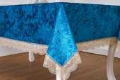 Finezza Pera Lüx  Dantelli Kadife Kumaş Turkuaz Masa Örtüsü 160x220 cm  - 1421 thumbnail 3