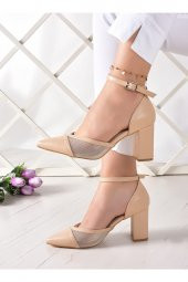 Erkan Saçmacı Ten Parçalı Fileli Kalın Topuklu Kadın Ayakkabısı 7 Cm - 1