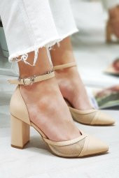 Erkan Saçmacı Ten Parçalı Fileli Kalın Topuklu Kadın Ayakkabısı 7 Cm - 4