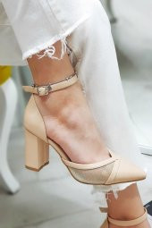 Erkan Saçmacı Ten Parçalı Fileli Kalın Topuklu Kadın Ayakkabısı 7 Cm - 5