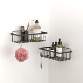TEKNOTEL YAPIŞKANLI KANCALI 2 ADET BANYO RAFI MAT SİYAH ST241 - 1