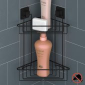 TEKNOTEL DELME VİDA MATKAP YOK! easyFIX YAPIŞKANLI İKİ KATLI BANYO KÖŞE RAFI MAT SİYAH EF257 - 1