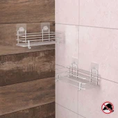TEKNOTEL YAPIŞKANLI KANCALI 2 ADET BANYO RAFI SİLVER ST217H - 3