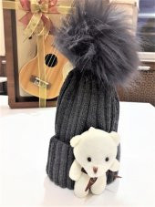 Peluş Ayıcıklı Ponponlu Çocuk Beresi  SİYAH - 3