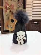 Peluş Ayıcıklı Ponponlu Çocuk Beresi  Beyaz - 1