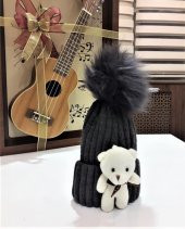 Peluş Ayıcıklı Ponponlu Çocuk Beresi  Antrasit - 2