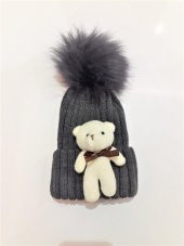 Peluş Ayıcıklı Ponponlu Çocuk Beresi  Beyaz - 6