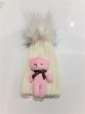 Peluş Ayıcıklı Ponponlu Çocuk Beresi  Beyaz - 7