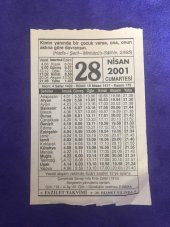 28 Nisan 2001 Takvim Yaprağı - Nostalji Koleksiyonluk Takvim Yaprağı thumbnail 1