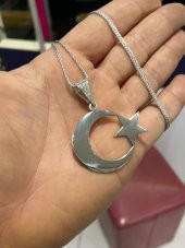 925 Ayar Gümüş Büyük Ay Yıldız 60 cm Uzun Zincir Kolye - 4