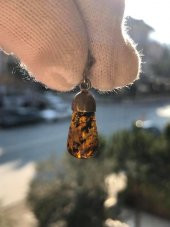 Doğal Kaya Damla Kehribar Silindirik Kolye Ucu Gümüş Aparatlı 1-2 Gram (Model 4) - 9