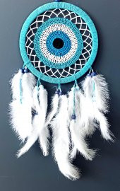 Nazar Boncuğu Motifli Turkuaz Rengi Dream Catcher Beyaz Kuş Tüylü Düş Kapanı Duvar Süsü - 2