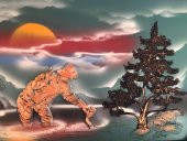 Kabartmalı 3D Tablo 105x55 cm - Şelalede Balık Yakalayan Yaşlı Adam Tablo thumbnail 3