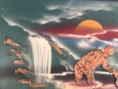 Kabartmalı 3D Tablo 105x55 cm - Şelalede Balık Yakalayan Yaşlı Adam Tablo thumbnail 4