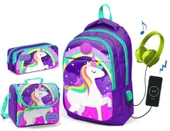 Coral High Kız Çocuk Mor Unicorn 3'lü Çanta Takımı - USB Soketli thumbnail 2