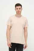 Erkek Asimetrik Yırtık Detaylı Bisiklet Yaka Kısa Kollu Basic T-Shirt - 1