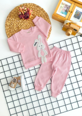 Neşeli Bebekler Kabartma Peluşlu Tavşan Desen Penye Takım Pembe - 1
