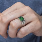 3 Sıra Baget Taşlı Yeşil Taşlı 925 Gümüş Erkek Yüzük thumbnail 10