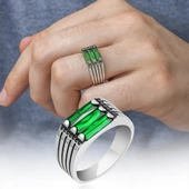3 Sıra Baget Taşlı Yeşil Taşlı 925 Gümüş Erkek Yüzük thumbnail 1