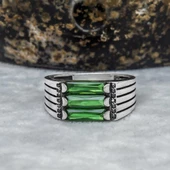 3 Sıra Baget Taşlı Yeşil Taşlı 925 Gümüş Erkek Yüzük thumbnail 6