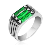 3 Sıra Baget Taşlı Yeşil Taşlı 925 Gümüş Erkek Yüzük thumbnail 3