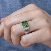3 Sıra Baget Taşlı Yeşil Taşlı 925 Gümüş Erkek Yüzük thumbnail 8