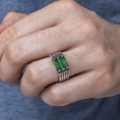 3 Sıra Baget Taşlı Yeşil Taşlı 925 Gümüş Erkek Yüzük thumbnail 12